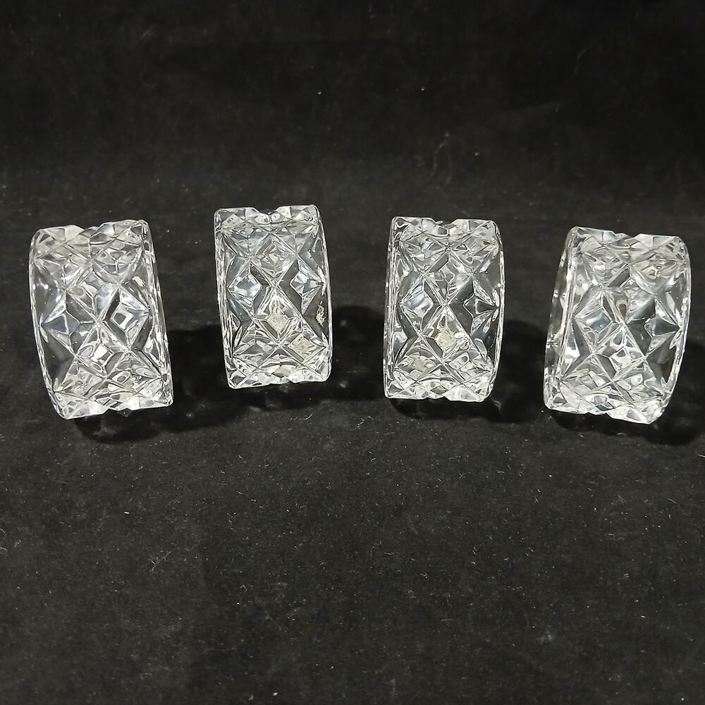 Vintage Clear Cut Lead Crystal Napkin Rings Set of 4 Diamond Pattern c.1980s